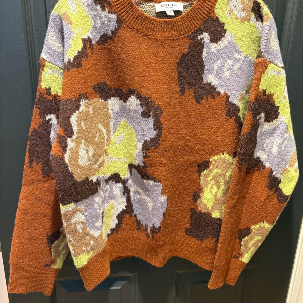 Gilli Women's Abstract Pattern Sweater - Orange, Brown, Green - Runs Big!